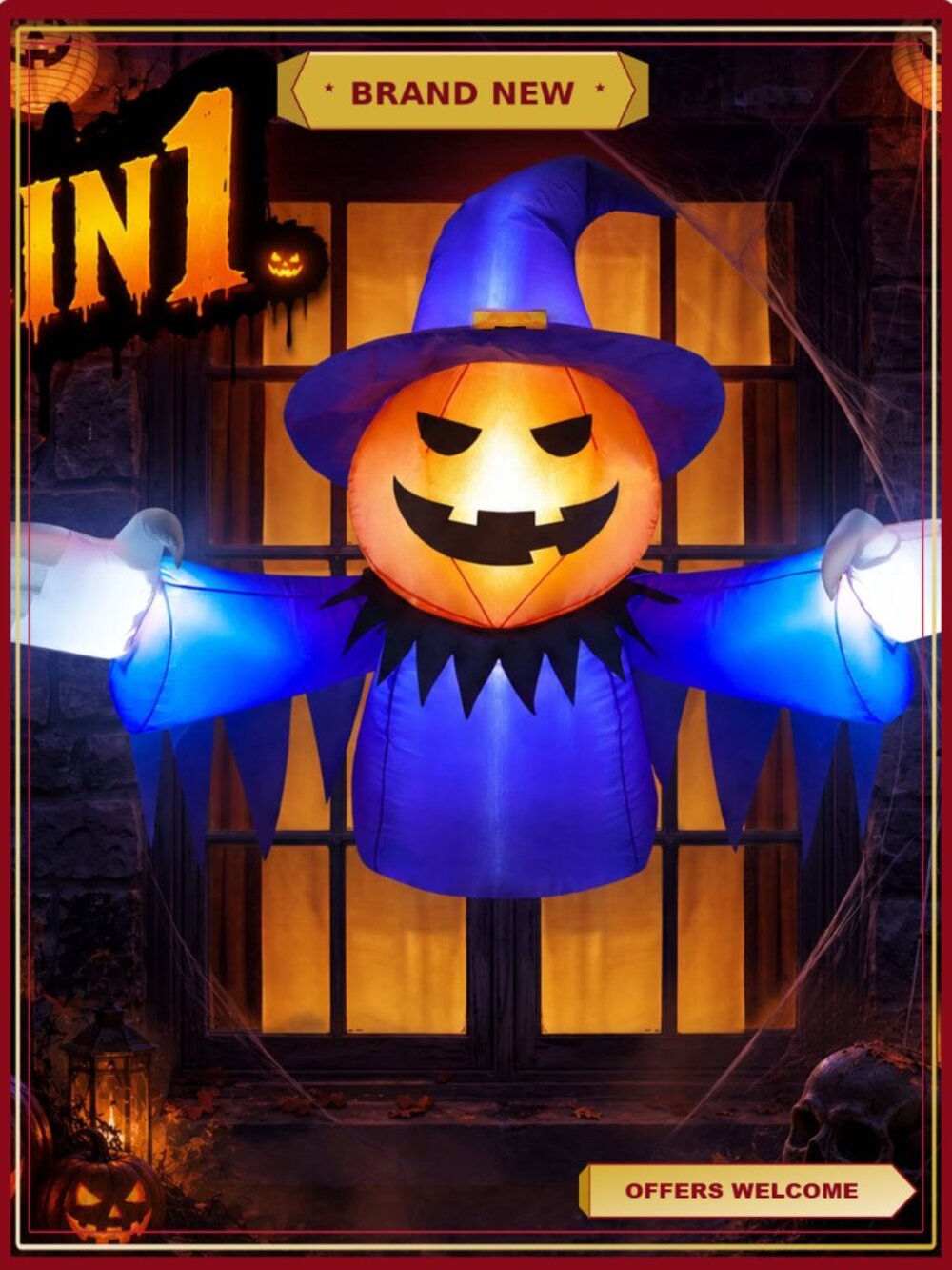 Halloween Inflatable Pumpkin Ghost 4FT Blow Up Yard Decor LED Lighted